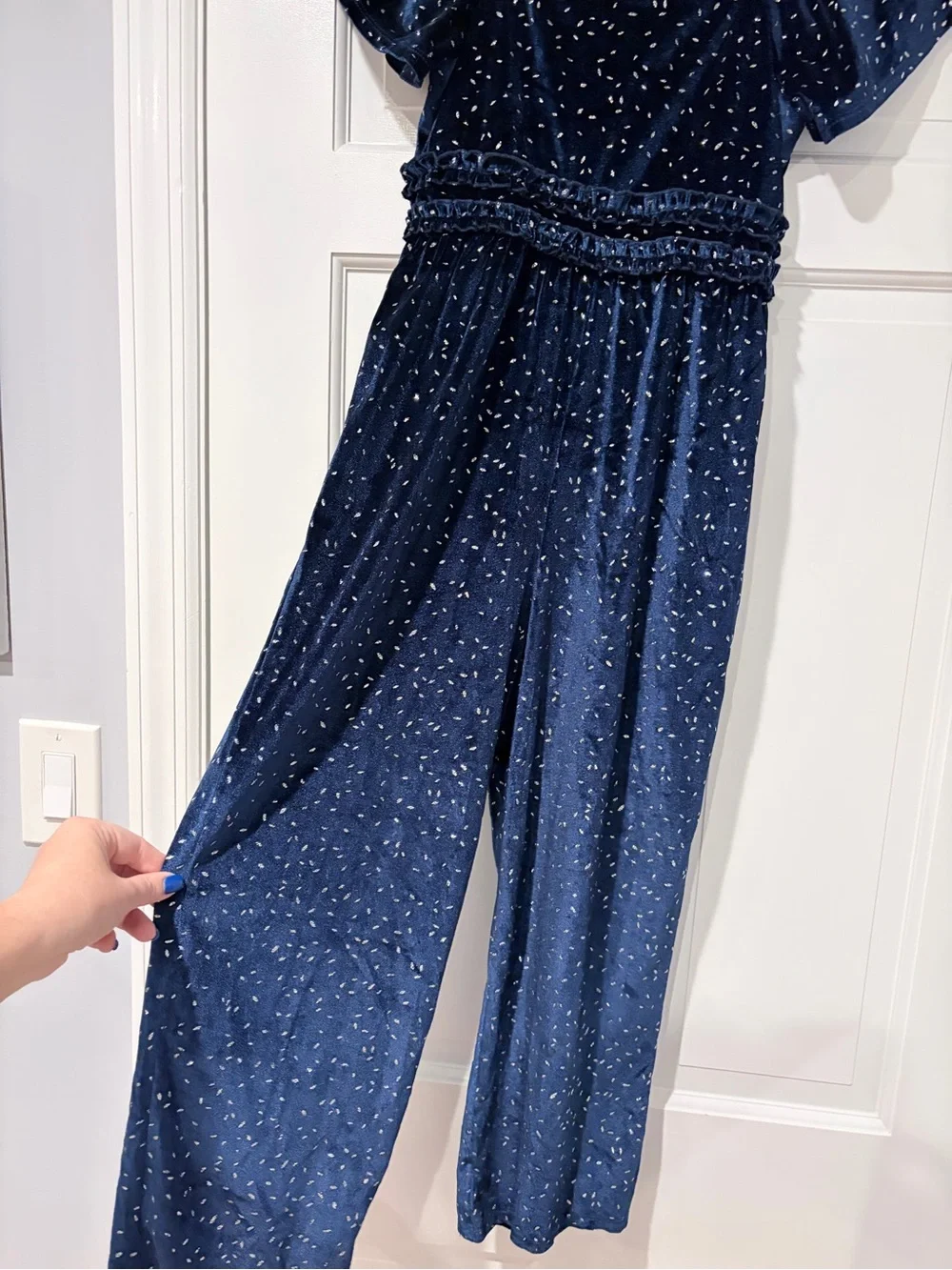 Girls Navy Blue Velour Sparkle Smock Waist Jumpsuit Large